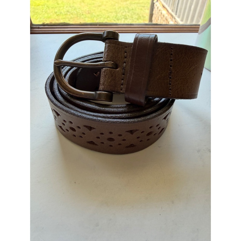 Brown Perforated Leather Belt Womens Large Made in USA Eyelet Cutout Boho Wide